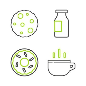Set line Coffee cup, Donut, Bottle with milk and Cookie or biscuit icon. Vect Stock Illustration
