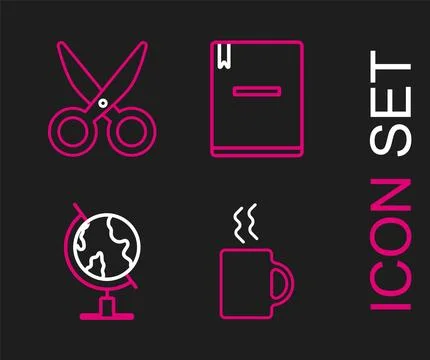 Set line Coffee cup, Earth globe, Notebook and Scissors icon. Vector Stock Illustration