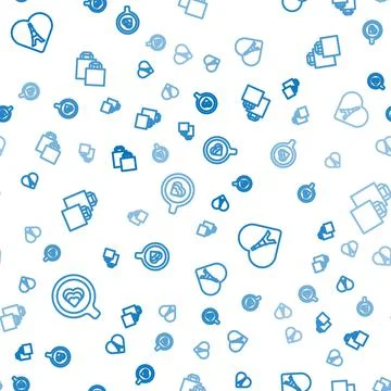 Set line Coffee cup, Eiffel tower with heart and Paper shopping bag on seamless Stock Illustration