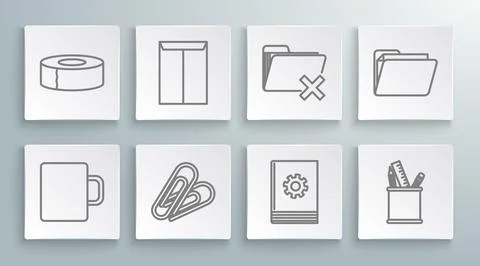 Set line Coffee cup, Envelope, Paper clip, User manual, Pencil case stationery Stock Illustration