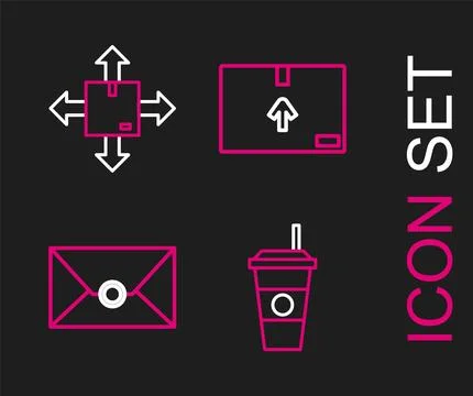 Set line Coffee cup, Envelope, Cardboard box with traffic symbol and  icon... Stock Illustration