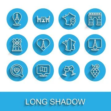 Set line Coffee cup, Flag France, Eiffel tower, Wine glass, Grape fruit, with Illustrazione stock