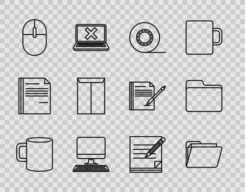 Set line Coffee cup flat, Document folder, Scotch, Computer monitor with Stock Illustration