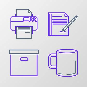 Set line Coffee cup flat, Carton cardboard box, Blank notebook and pen and Stock Illustration