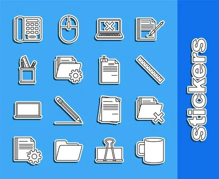 Set line Coffee cup flat, Delete folder, Ruler, Laptop and cross mark on screen Stock Illustration