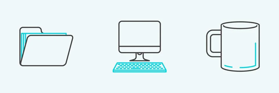 Set line Coffee cup flat, Document folder and Computer monitor with keyboard  库存插图