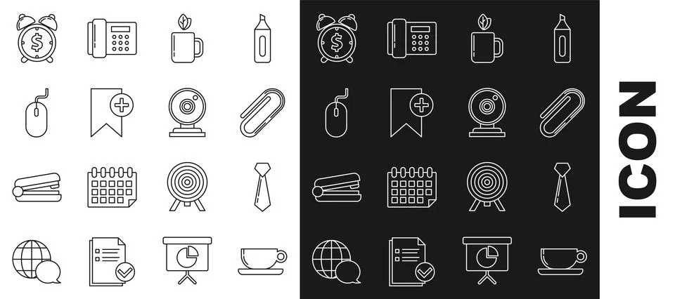 Set line Coffee cup flat, Tie, Paper clip, Cup tea and leaf, Bookmark, Computer Illustrazione stock