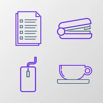 Set line Coffee cup flat, Computer mouse, Office stapler and File document icon Illustrazione stock