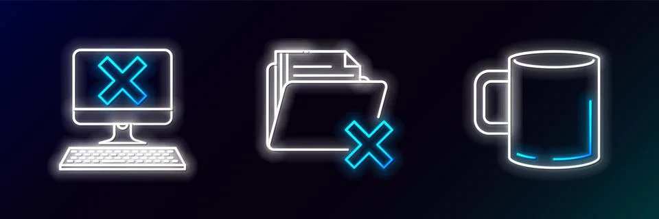 Set line Coffee cup flat, Computer with keyboard and x mark and Delete fold.. Stock Illustration