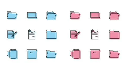Set line Coffee cup flat, Carton cardboard box, Document folder, File docum.. Stock Illustration