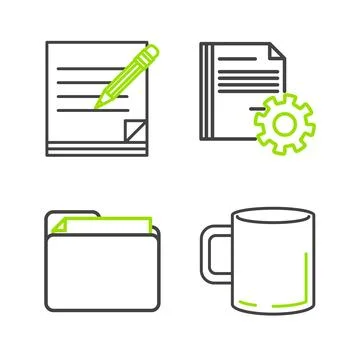 Set line Coffee cup flat, Document folder, settings with gears and Blank no.. イラスト素材