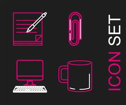 Set line Coffee cup flat, Computer monitor with keyboard, Paper clip and Bl.. Stock Illustration