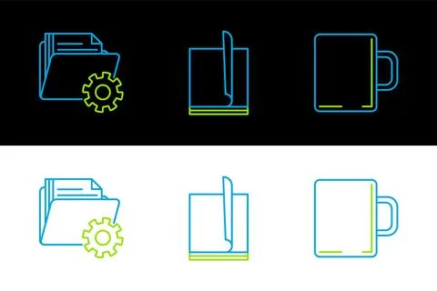 Set line Coffee cup, Folder settings with gears and File document icon. Vecto Illustrazione stock