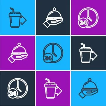 Set line Coffee cup to go, Clock 24 hours and Covered with a tray food icon Ilustração Stock
