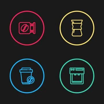 Set line Coffee cup to go, machine, Pour over coffee maker and Street signboa Ilustração Stock