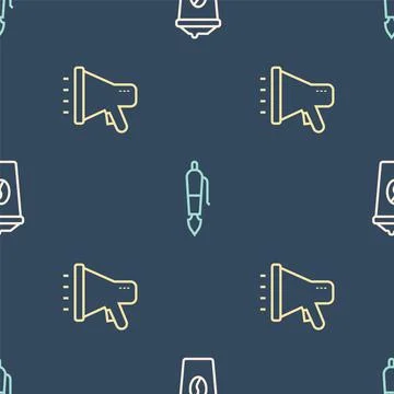 Set line Coffee cup to go, Megaphone and Fountain pen nib on seamless pattern Illustrazione stock