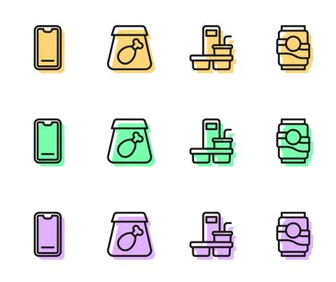 Set line Coffee cup to go, Food ordering on mobile, Online meal and Soda can Ilustração Stock