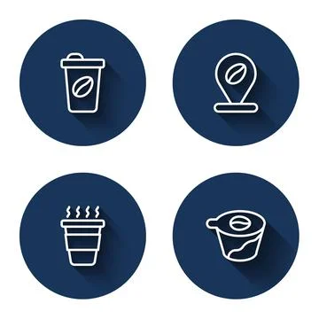 Set line Coffee cup to go, Location with coffee bean, and Pour over maker with Ilustración de archivo