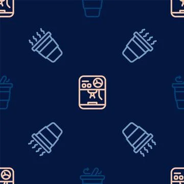 Set line Coffee cup to go, and machine on seamless pattern. Vector 스톡 일러스트