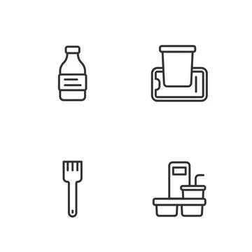 Set line Coffee cup to go, Fork, Bottle water and Food ordering on mobile icon Ilustração Stock