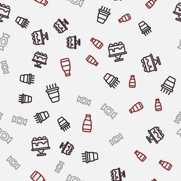 Set line Coffee cup to go, Cake, Candy and Milk bottle on seamless pattern Stock Illustration
