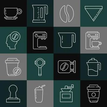 Set line Coffee cup to go, French press, machine, beans, Barista, and pot icon Illustration