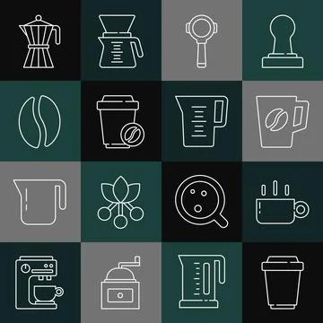 Set line Coffee cup to go, filter holder, beans, moca pot and Jug glass with Ilustración de archivo