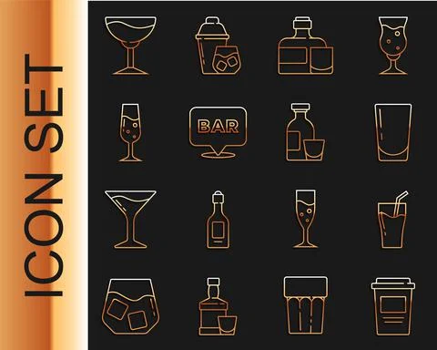 Set line Coffee cup to go, Glass juice, with water, Whiskey bottle and glass Ilustração Stock