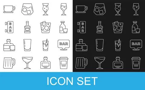 Set line Coffee cup to go, Alcohol bar location, drink Rum, Glass beer, Whiskey Ilustração Stock