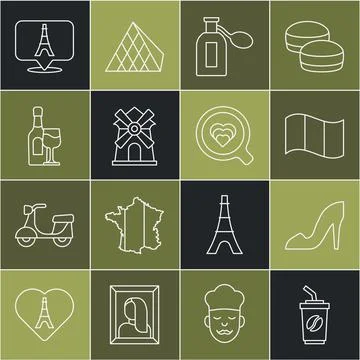 Set line Coffee cup to go, Woman shoe, Flag France, Perfume, Windmill, Wine 库存插图