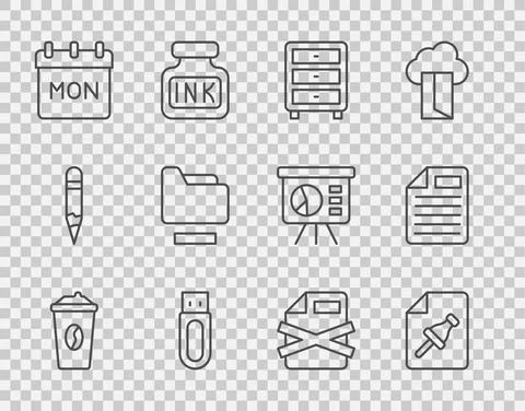 Set line Coffee cup to go, Note paper with push button, Archive papers drawer Stock Illustration