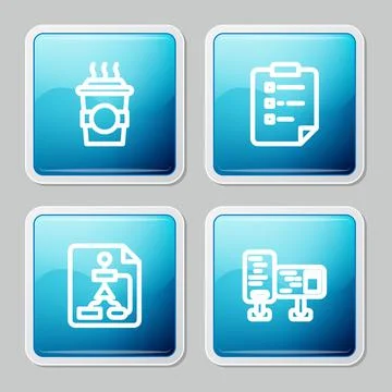 Set line Coffee cup to go, Clipboard with checklist, Flowchart and Computer Illustrazione stock