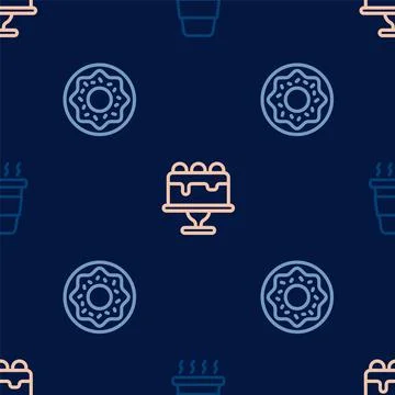 Set line Coffee cup to go, Donut and Cake on seamless pattern. Vector Stock Illustration