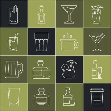 Set line Coffee cup to go, Champagne bottle and glass, Martini, Glass with water Ilustração Stock