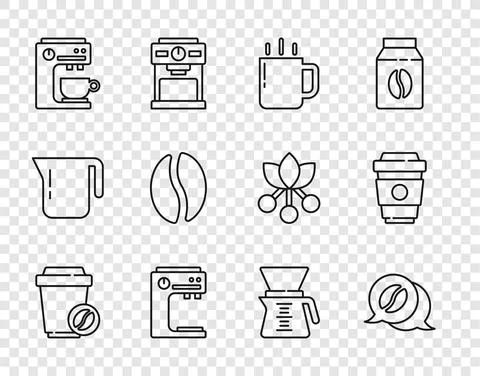 Set line Coffee cup to go, and conversation, machine, beans, Pour over coffee Ilustración de archivo