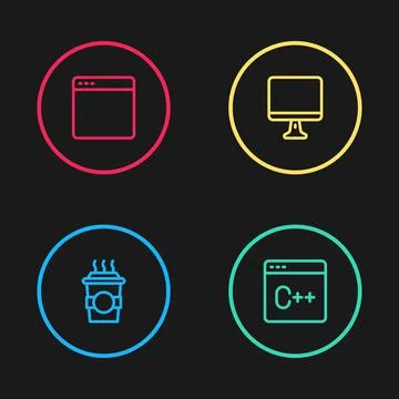 Set line Coffee cup to go, Software, Computer monitor screen and Browser window Stock Illustration