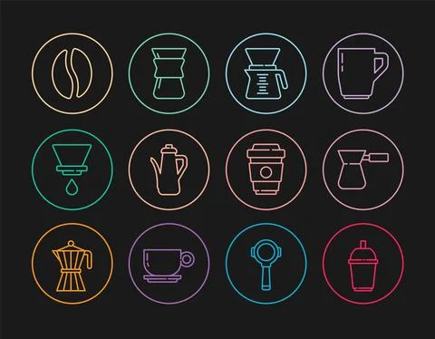 Set line Coffee cup to go, turk, Pour over coffee maker, Teapot, V60, beans, and Ilustração Stock