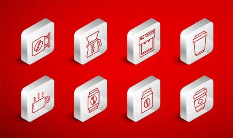 Set line Coffee cup to go, Pour over coffee maker, machine, Bag beans, Street Ilustración de archivo