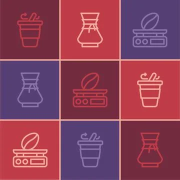 Set line Coffee cup to go, Electronic coffee scales and Pour over maker icon Ilustración de archivo