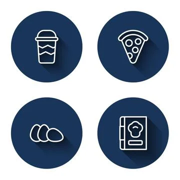 Set line Coffee cup to go, Slice pizza, Chicken egg and Cookbook with long Stock Illustration