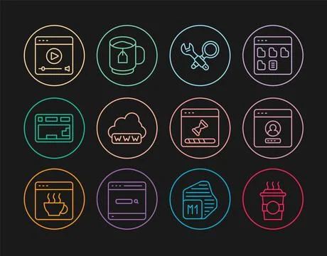 Set line Coffee cup to go, Create account screen, Debugging, Web development Stock Illustration
