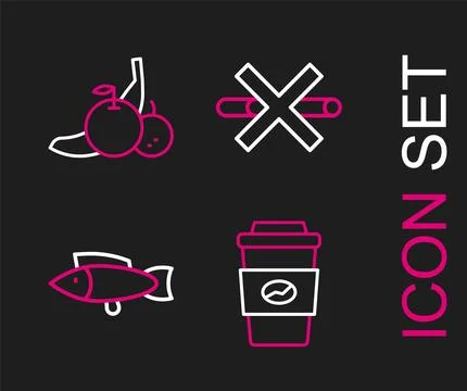Set line Coffee cup to go, Fish, No Smoking and Fruit icon. Vector Stock Illustration
