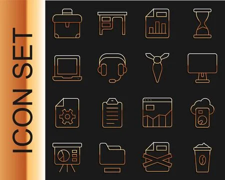 Set line Coffee cup to go, Cloud database, Computer monitor, Document with graph Stock Illustration