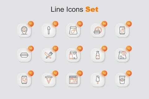 Set line Coffee cup to go, Ice cream, Online ordering food, Slice pizza, So.. Ilustração Stock