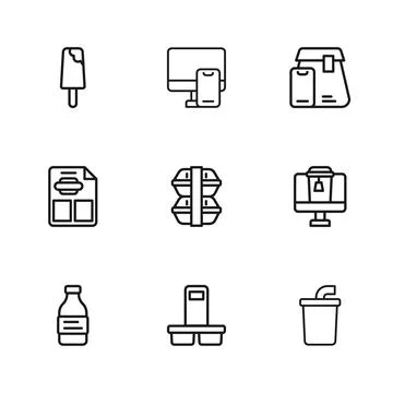 Set line Coffee cup to go, Online ordering food, Paper glass with water, Lu.. Ilustração Stock