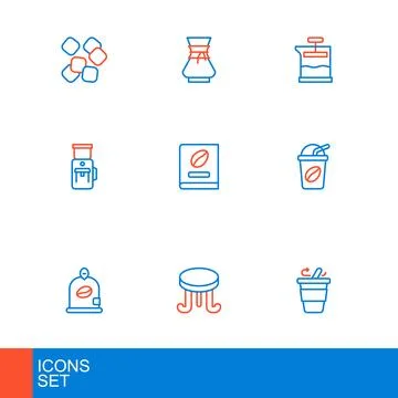 Set line Coffee cup to go, table, Bag coffee beans, Iced, Electric grinder,.. Ilustración de archivo