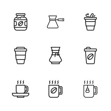 Set line Coffee cup, to go, Cup tea with bag, Pour over coffee maker, jar b.. Ilustração Stock