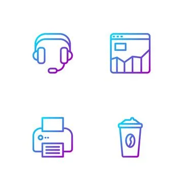 Set line Coffee cup to go, Printer, Headphones and Graph chart infographic... Illustrazione stock