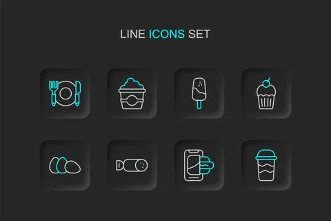 Set line Coffee cup to go, Food ordering on mobile, Salami sausage, Chicken.. Stock Illustration