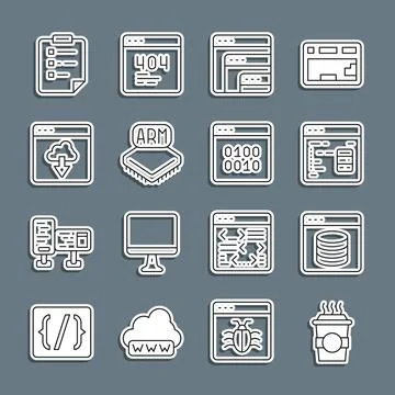 Set line Coffee cup to go, Server, Data, Web Hosting, Software, Processor, .. Stock Illustration